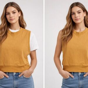 Women's Mustard Sleeveless Tank Sweatshirt - Casual Boxy Fit 100% Cotton